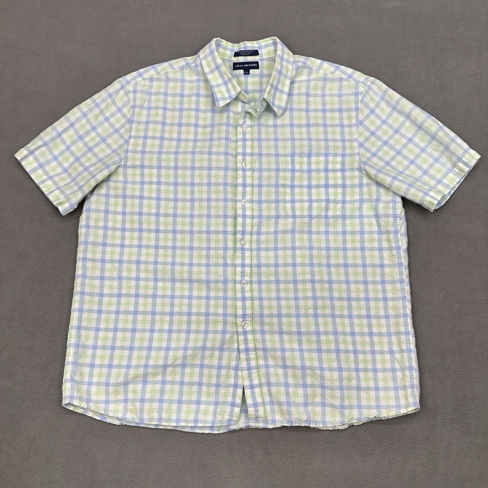 John Ashford Tattersall Linen Blend Camp Shirt Men's 2XL Blue Green Easter Plaid